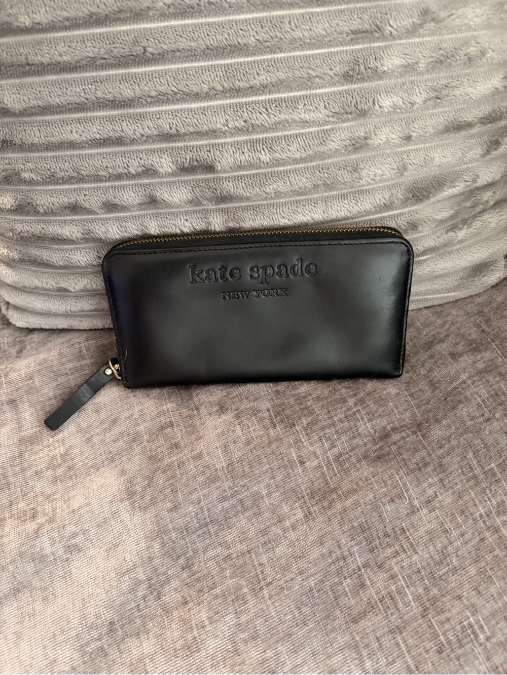 kate spade Black Leather Zip-Around Wallet with Embossed Logo